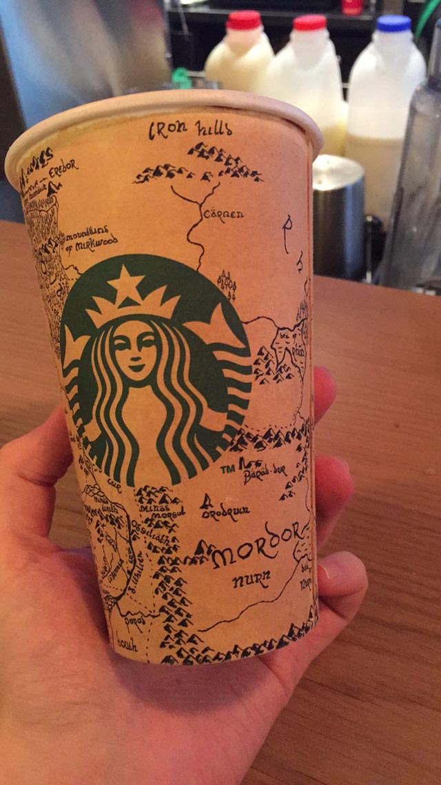 Middle-Earth-on-his-Starbucks-cup