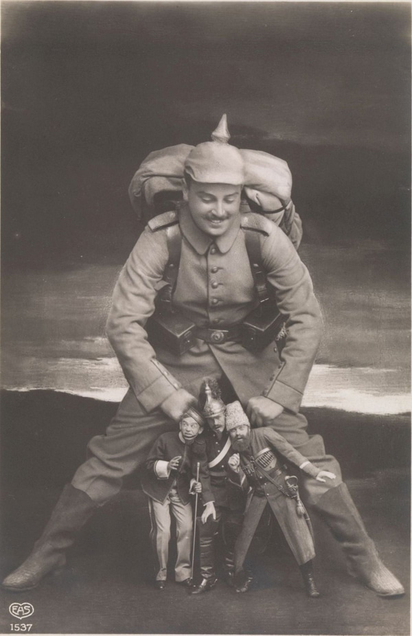 a-postcard-shows-a-german-soldier-crushing-members-of-the-triple-entente-together-during-world-war